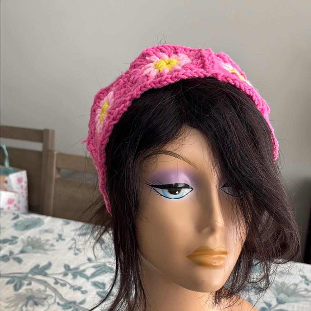 Pink Floral Crochet Headband